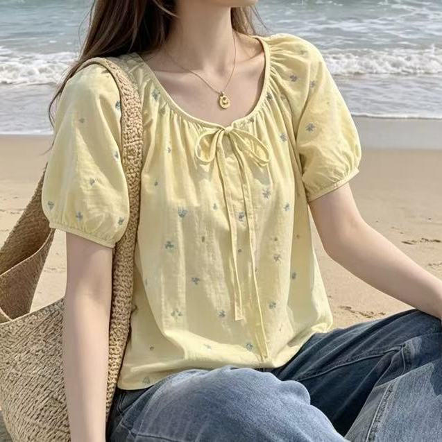 Korean Wholesale Sweet Style Puff Sleeve Floral Blouse for Women, Summer Tie Design, Niche Plus-Size Yellow Shirt for Women