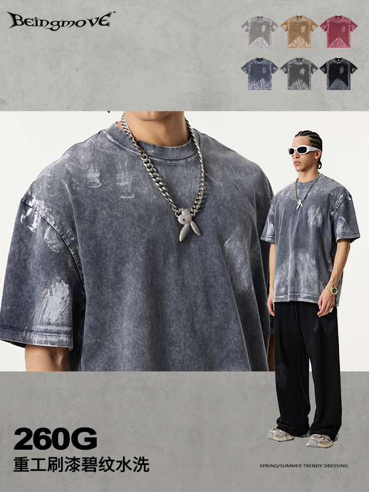 2025 verano Europa y los Estados Unidos comercio exterior pesado lavado con agua color de gran tamaño de manga corta tienda de compradores de alta sensación retro camiseta de moda masculina