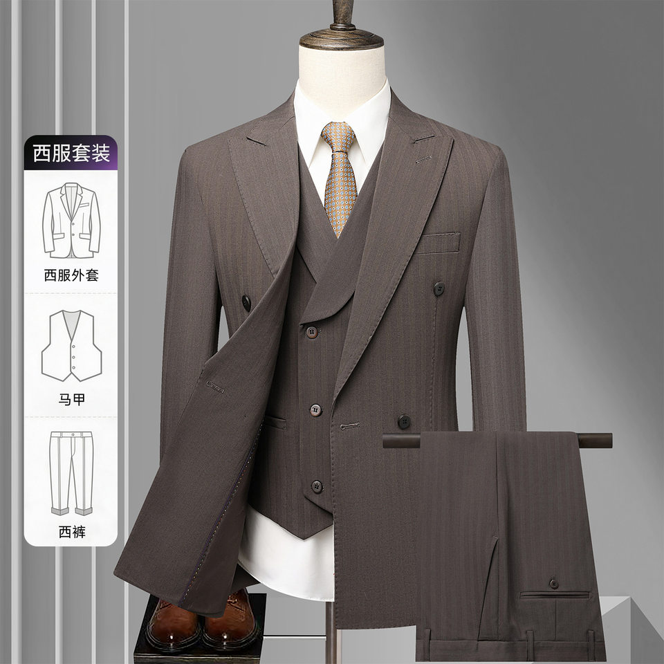 Bộ vest nam dáng ôm phối khuy hai hàng, áo vest + quần, kiểu công sở lịch lãm — Bao cao su màu be (áo+quần), Bộ 2 kiện màu cà phê (áo+quần), Màu be (áo+áo khoác+quần), Màu cà phê (áo+áo khoác+quần)