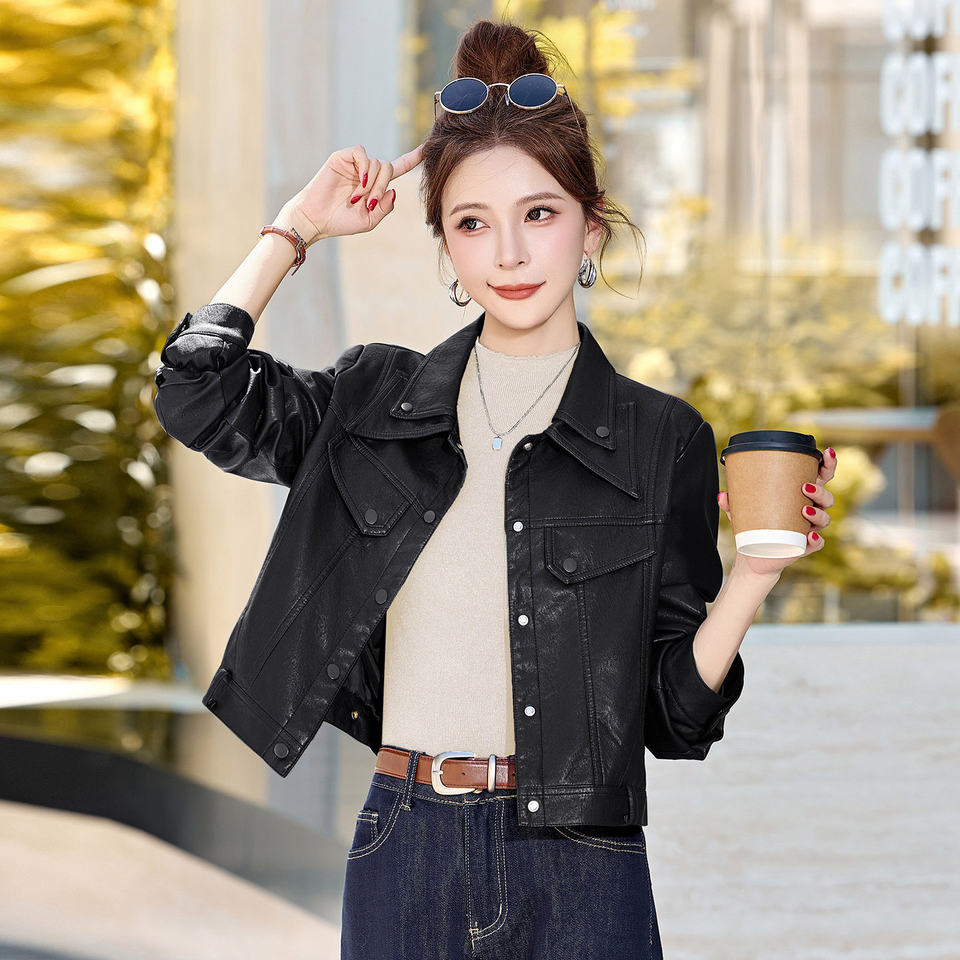 Áo khoác da dáng ngắn nữ phong cách biker, dài tay, cổ bẻ, form thông thường — Cà phê, Đen
