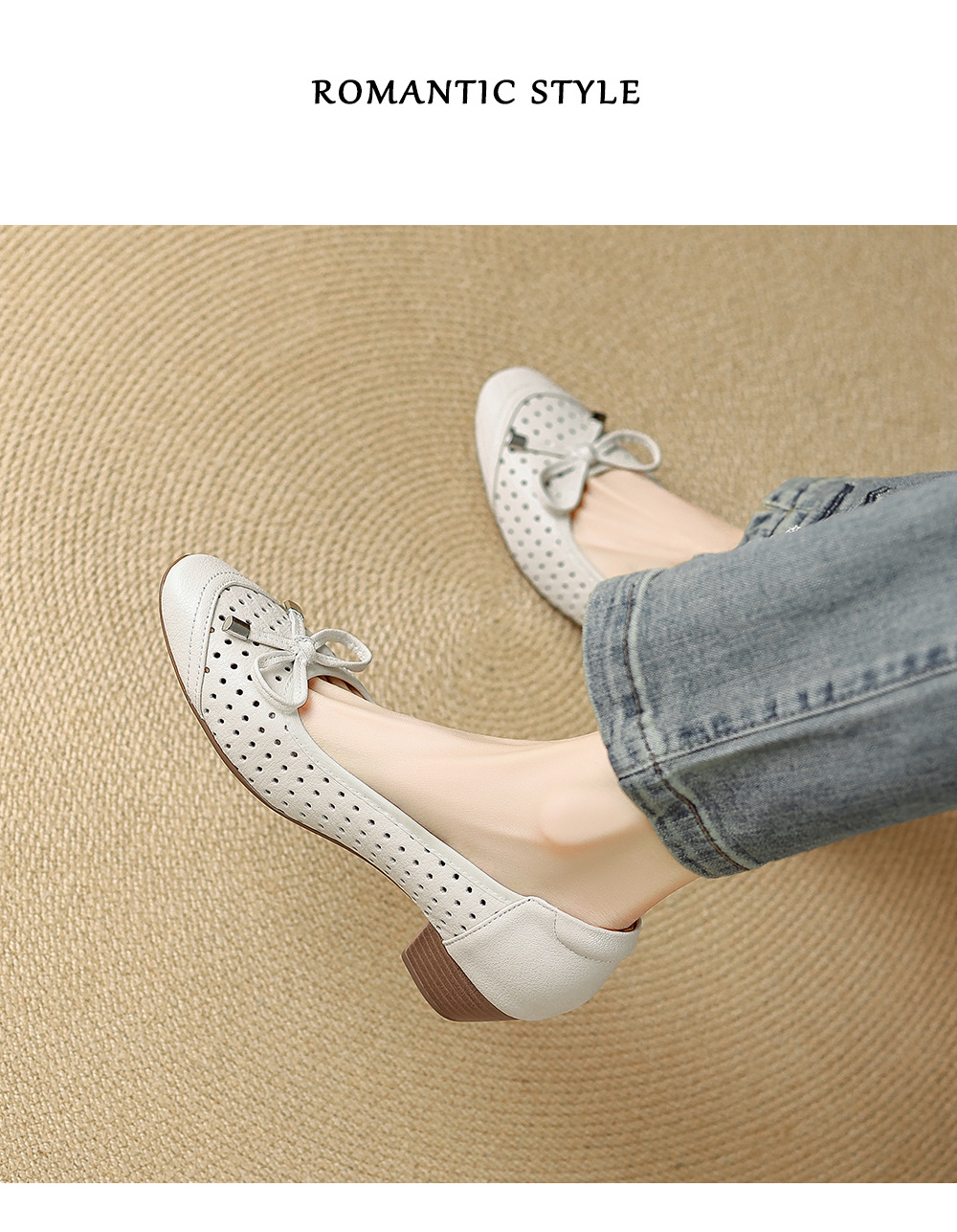 Giày sandal nữ hở mũi gót thấp 3,5 cm, thiết kế đục lỗ thoáng mát, phong cách đơn giản bốn mùa — màu trắng ngà chi tiết 10