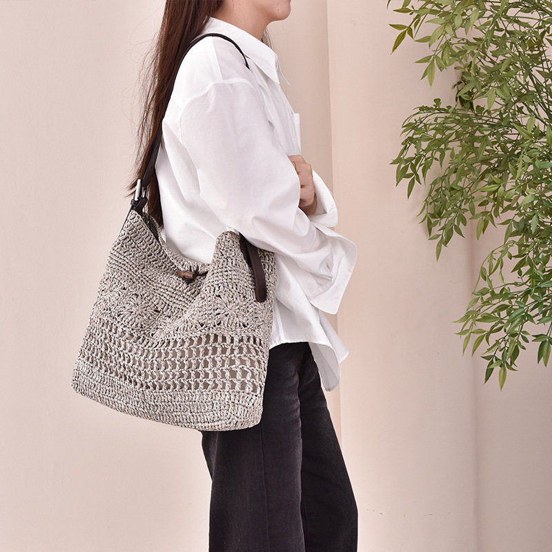Handmade Crochet Raffia Woven Large Leather Bag 2026 New Women's Tote Bag Vacation Style Beach Straw Bag - Thumbnail 3