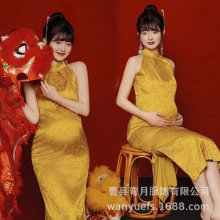 Photo Studio New Maternity Photo Clothing Ethnic Style Retro Slim Cheongsam Pregnant Mother Photographing Beautiful Style Art Photo Dress