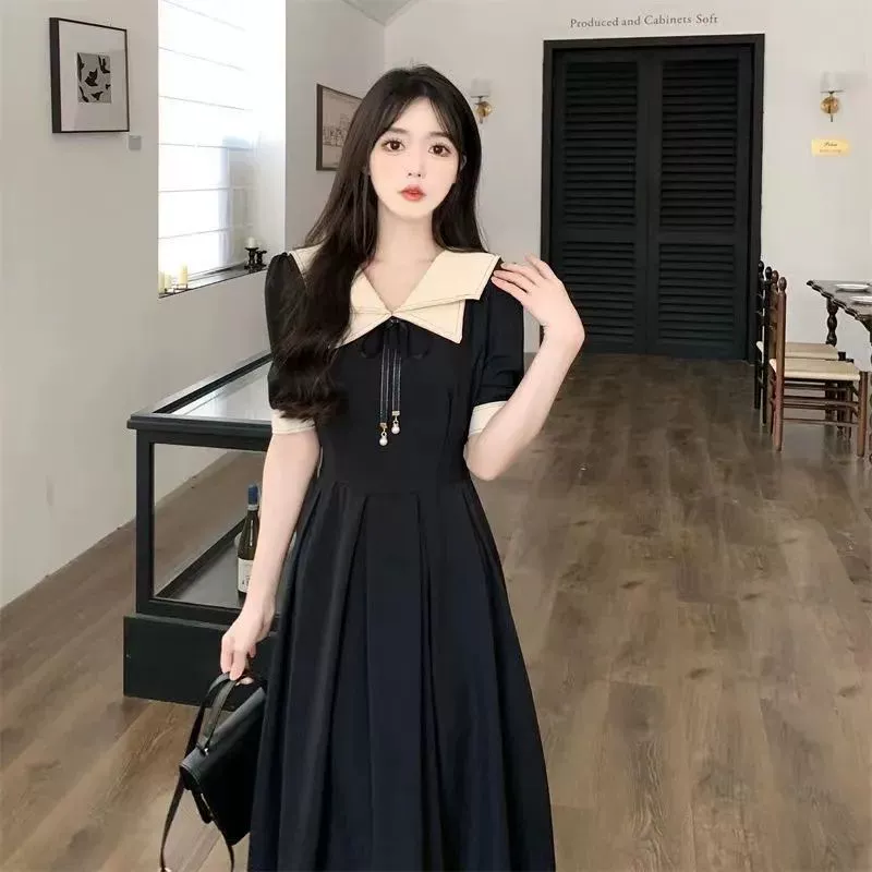 Французское ретро платье в студенческом стиле с двойным воротником для женщин, летняя новая модная юбка средней длины большого размера с толстой талией на шнуровке