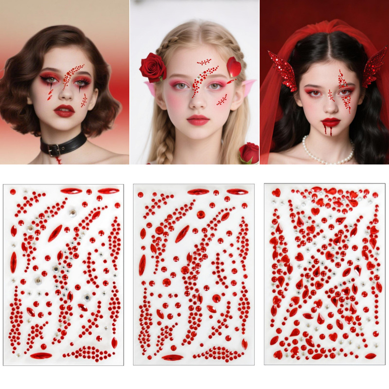 Cross-Border Hot-Selling Halloween Party Makeup Professional Red Scar Scar Diamond Stickers Cos Red Makeup Eye Area Cross-Border Hot-Selling Halloween Party Makeup Professional Red Scar Scar Diamond Stickers Cos Red Makeup Eye Area