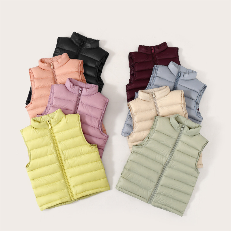 Autumn and Winter Boys' and Girls' Lightweight Vests for Children of All Sizes, Stand-Up Collar, Solid Color, Warm Vests and Tops