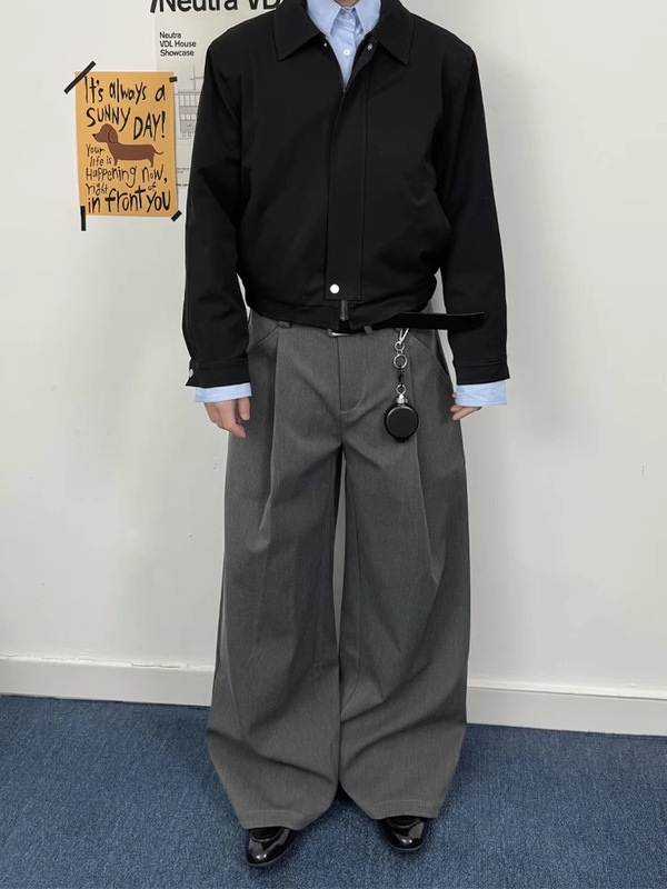 复古立体工字褶A字廓形弯刀西裤男美式通勤休闲宽松设计感长裤男|undefined