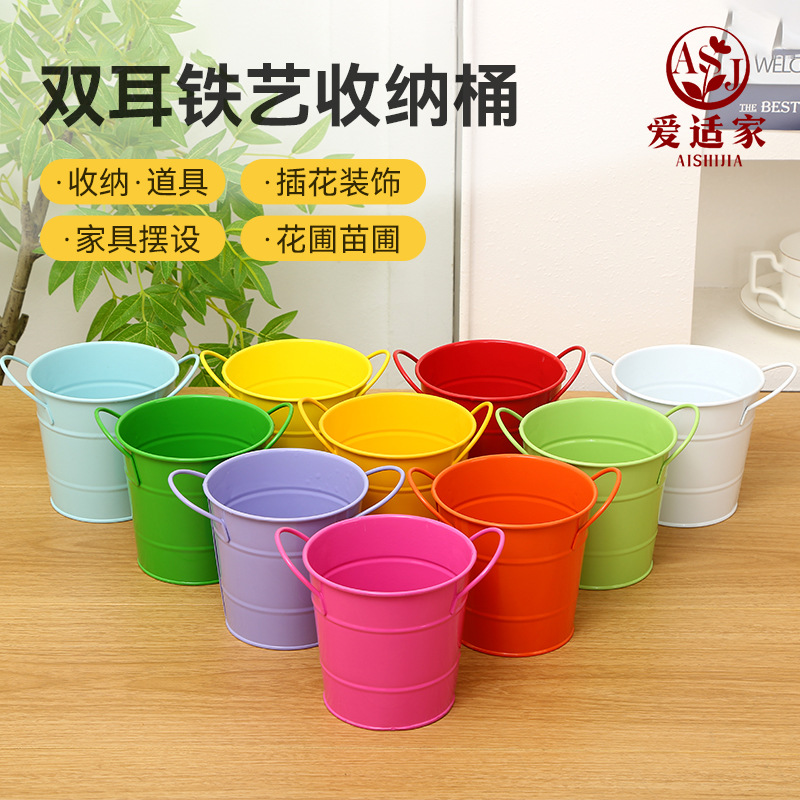 Transfronterizo de doble oreja barril de almacenamiento de hierro forjado artesanía doméstica mayorista barril de maceta se puede colgar contenedor creativo barril comercio exterior