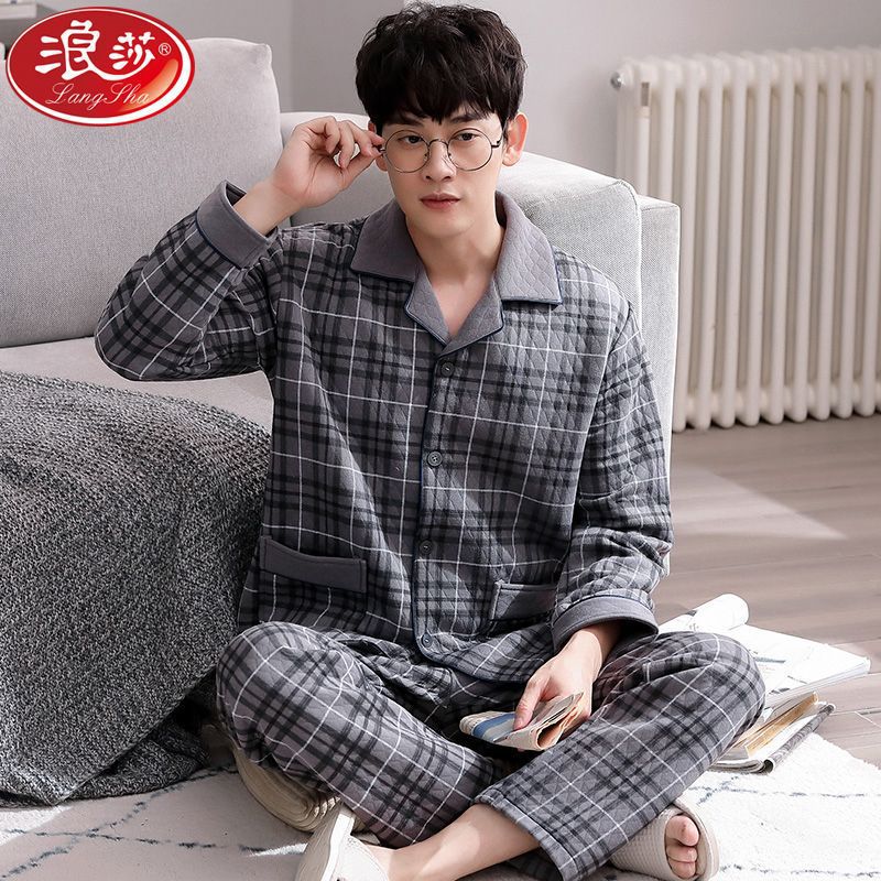 Pajamas de algodón para hombres otoño y invierno de algodón de mediana edad de tres capas de ropa de casa de primavera y otoño.