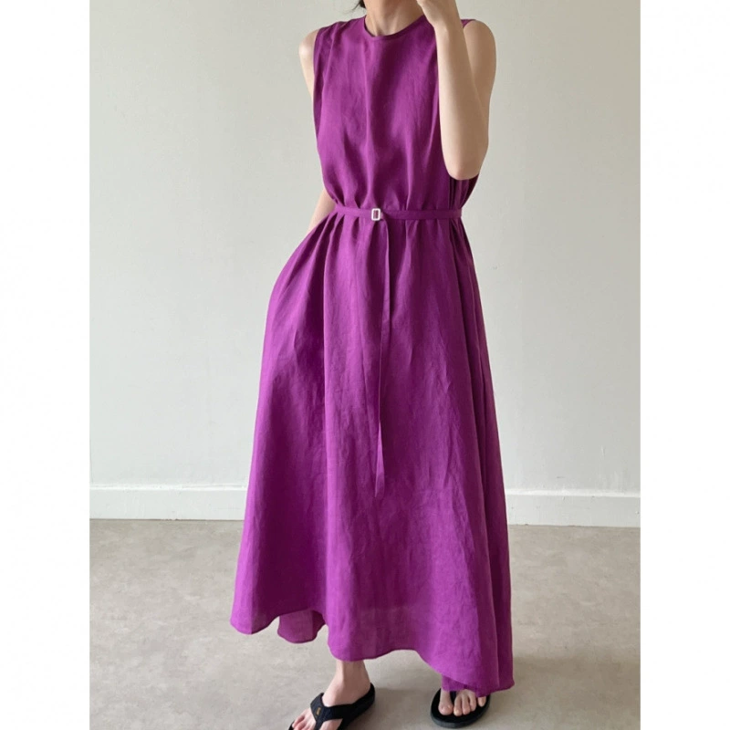 Корейское шикарное летнее новое дизайнерское длинное хлопковое и льняное платье без рукавов на шнуровке с карманами с обеих сторон и поясом.