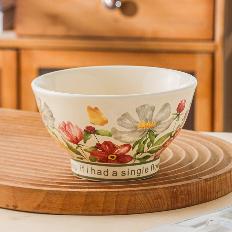 Orquídea de campana feliz lujosa doméstica ins viento cubiertos de arroz de pies altos tazón de fideos tazón de cerámica tazón de arroz de 5 pulgadas simple tazón