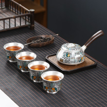 999纯银 一壶四杯杯陶瓷饕餮纹日式办公随身便携旅行茶具套装
