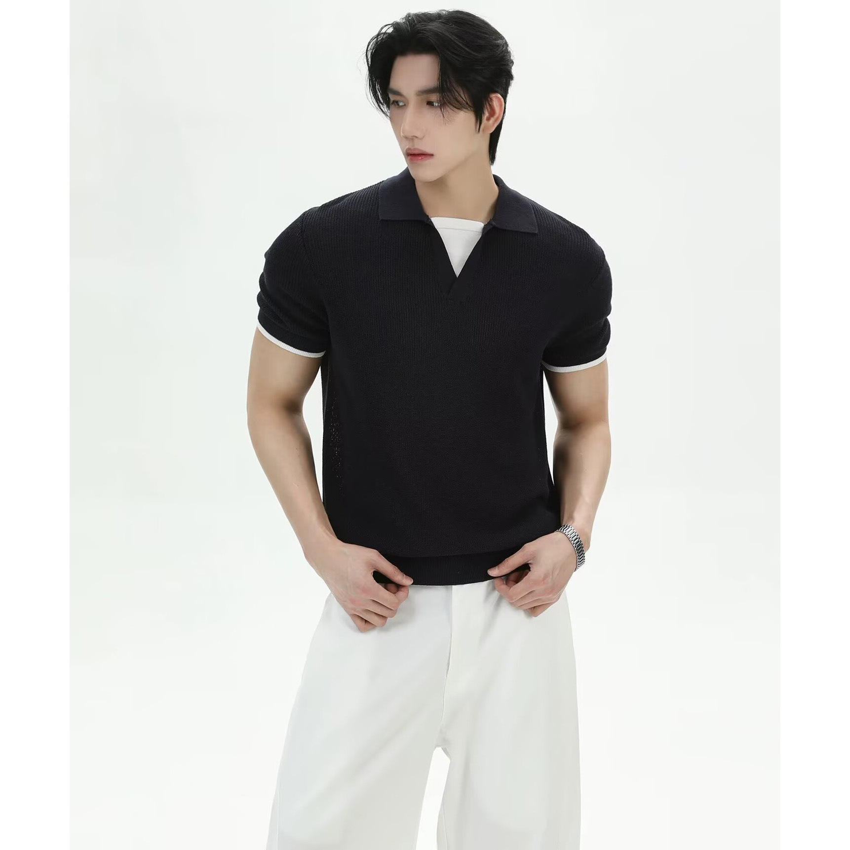 Polo camiseta de punto camiseta de manga corta camiseta de hombre solapa falsa dos piezas de cuello en V viejo viento de dinero seda de hielo de verano fábrica transfronteriza mayorista