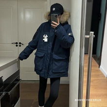 莆田跨境 MLB男女百搭连帽羽绒服大毛领 中长款加厚防水工装外套