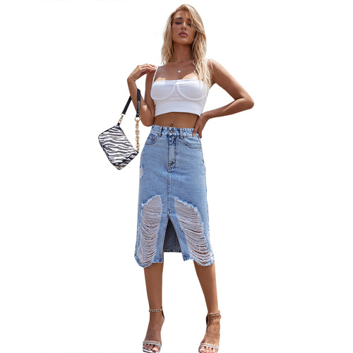 20093# Amazon Women's European and American INS Retro Ripped Personality High-Waist Slim Denim Skirt Trend