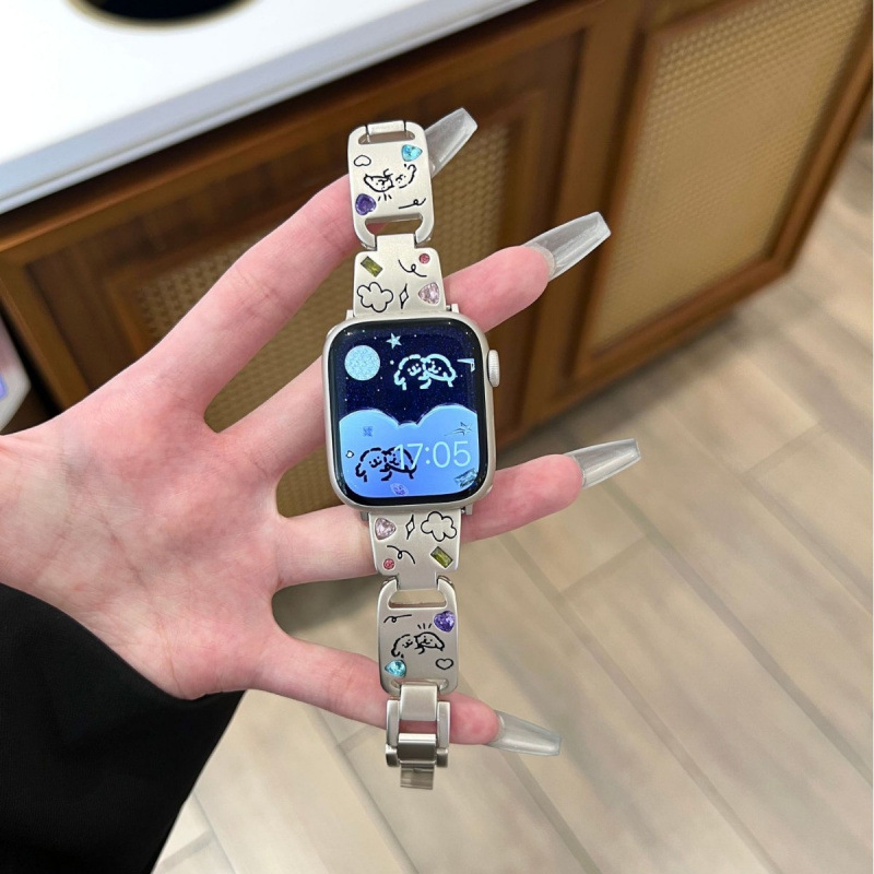 Suitable for Apple Watch Iwatch9 Strap Cute Puppy Color Diamond Metal Applewatch8 Comfortable Chain Female