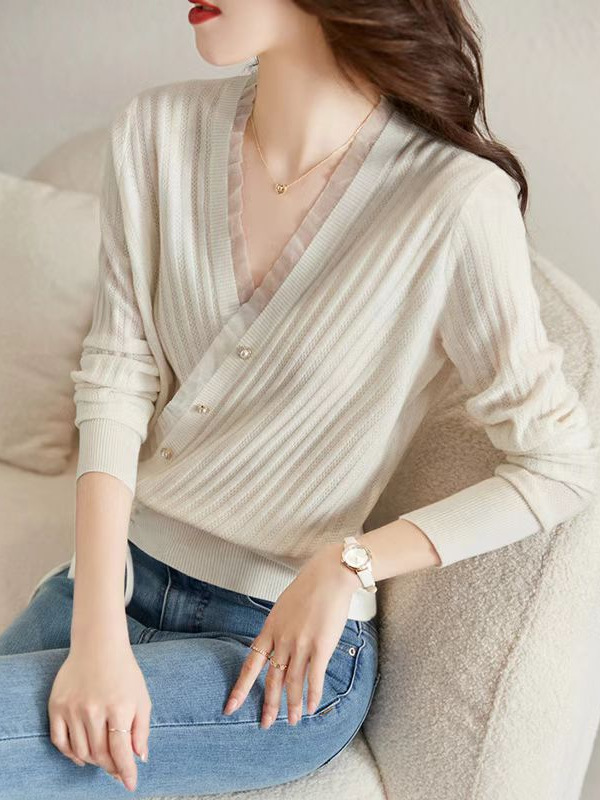 哥家商场同款女装2025秋季通勤百搭木耳边拼接斜门襟V领针织衫|undefined