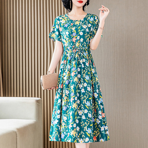 2025 New Style Elegant Cotton-Silk Dress for Women, Summer Fashion, High-Waisted, Slimming, Medium Length, Artificial Cotton Printed Skirt