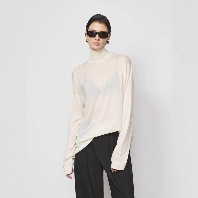 Yangzi Yarn New Women's European and American Autumn/Winter High Neck 100% Merino Pure Wool Base Shirt Machine Washable Slouchy Neck