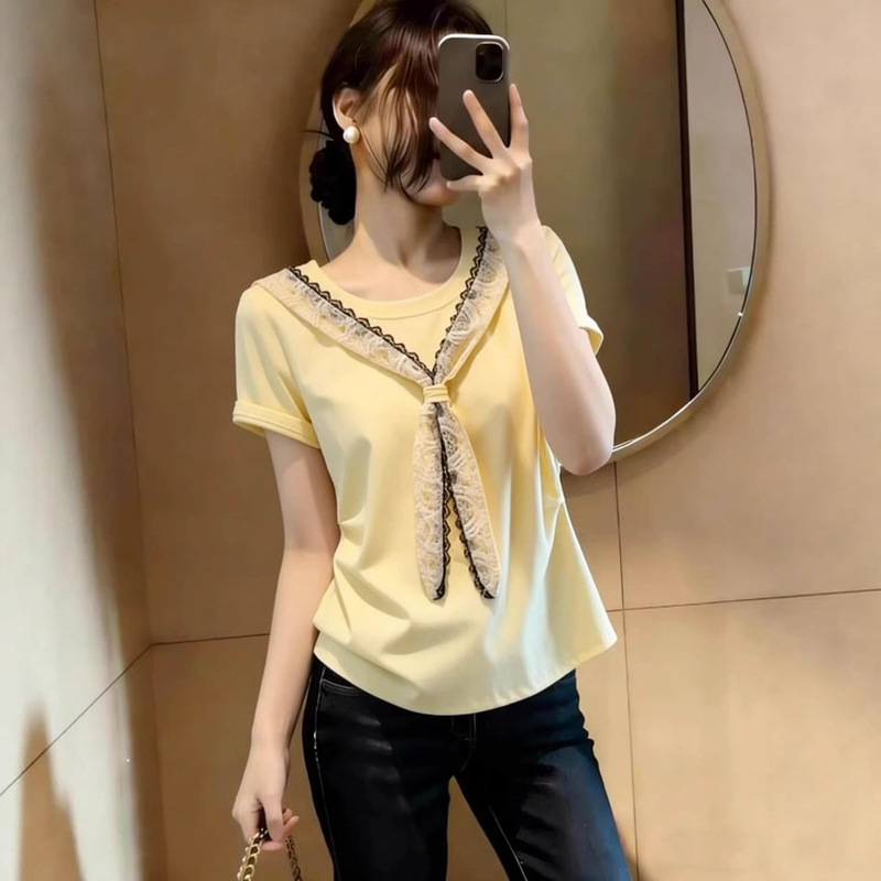 Lace Shawl Shoulder-Length Short-Sleeved T-Shirt for Women 2026 Summer New Style Plus-Size Fashion Age-Reducing Top A11431