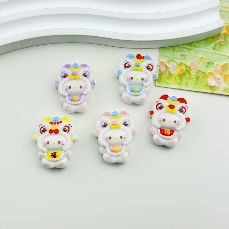 Cartoon New Year Style Lion Dance Kt Cat DIY Resin Accessories Handmade Hairpin Mobile Phone Case Refrigerator Sticker Keychain Material