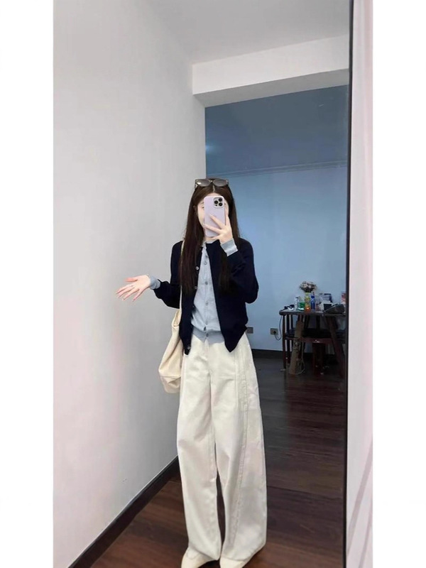 【微风午后】秋季时尚假两件针织开衫气质甜美白色直筒牛仔裤两件|undefined