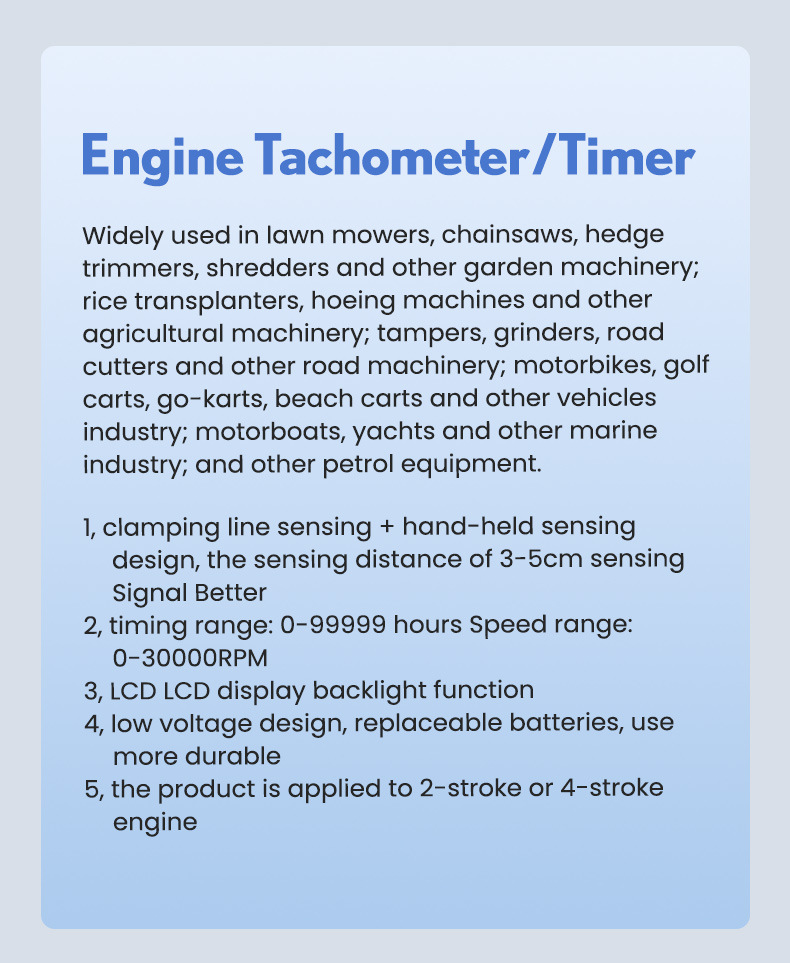 Inductive digital display tachometer for 2-stroke and 4-stroke engines, lawn mower oil accumulation timer tachometer