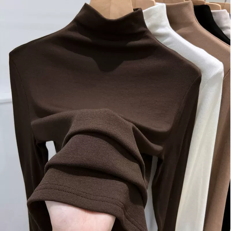 秋冬德绒半高领内搭纯色打底衫女修身显瘦洋气外穿长袖t恤上衣女