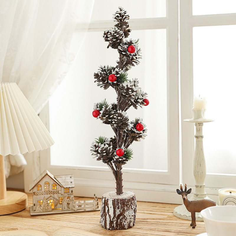 40CM imitación de plástico árbol de Navidad verde con nieve pequeña decoración de escritorio piña de madera decoración de maceta