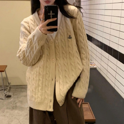 YUNSHU灰柏林 V领毛衣针织开衫女秋冬慵懒风宽松复古麻花毛衣外套