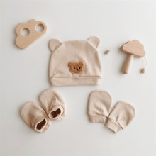 ins风小熊头婴儿胎帽套头帽子新生儿宝宝防护防抓手套脚套0-6个月