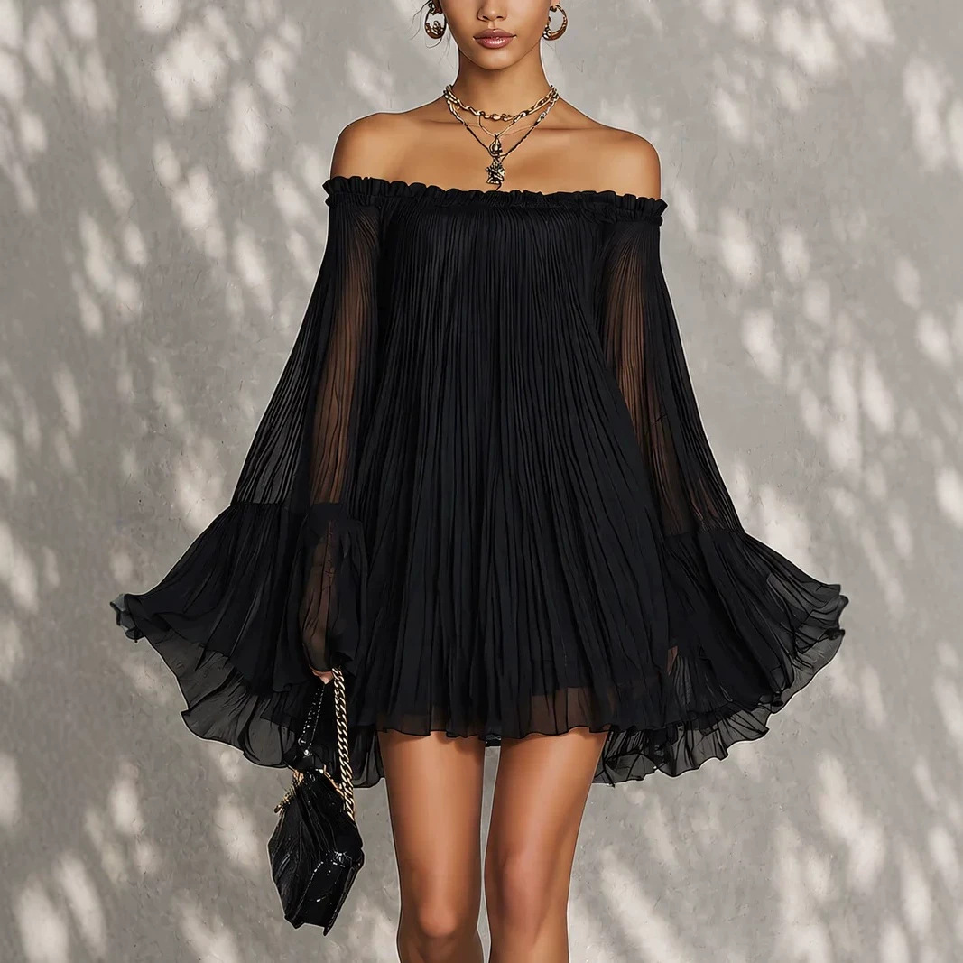 Pure Black One-Shoulder Pleated Chiffon Short Dress with a French Vibe, Off-Shoulder Ruffled Flared Long Sleeves, and Sheer Design