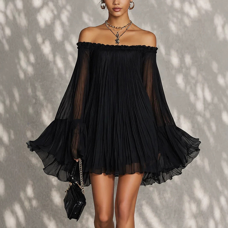 Pure Black One-Shoulder Pleated Chiffon Short Dress with a French Vibe, Off-Shoulder Ruffled Flared Long Sleeves, and Sheer Design Pure Black One-Shoulder Pleated Chiffon Short Dress with a French Vibe, Off-Shoulder Ruffled Flared Long Sleeves, and Sheer Design