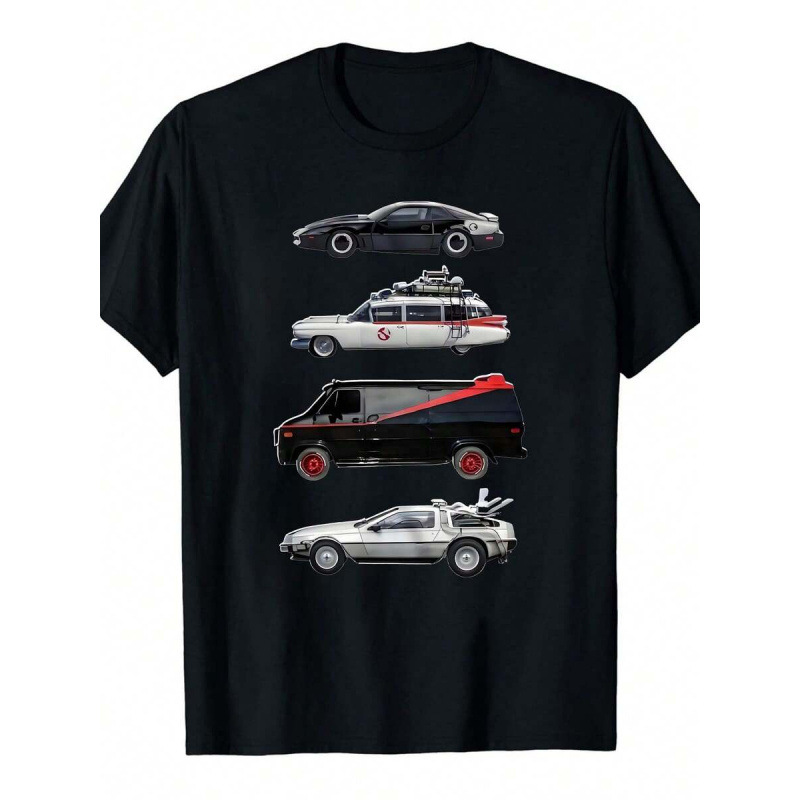 1pc 'S Classic Film Cars Print T-Shirt, 100% Cotton Crew Neck