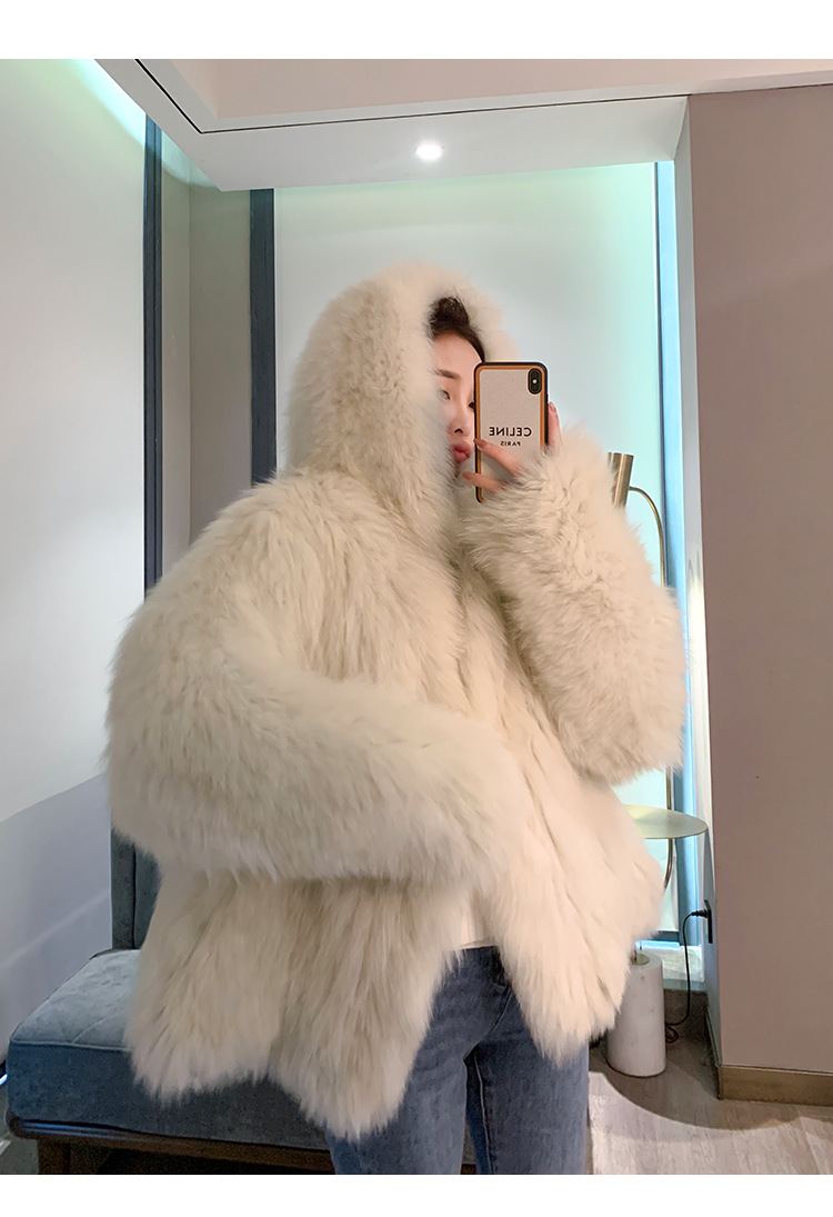 Women Real Fox Fur Double Sided Weave Jacket Hooded Bat Sleeve