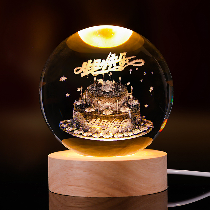 Bola de cristal luminosa lámpara de noche 3D esculpida estrella base de madera sólida regalo de cumpleaños decoración de escritorio creativa