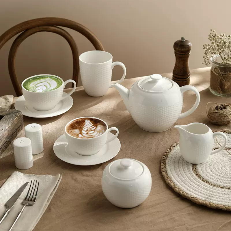 陶瓷餐具咖啡杯碟套装网格纹马克杯奶勺欧式下午茶精致大容量茶壶