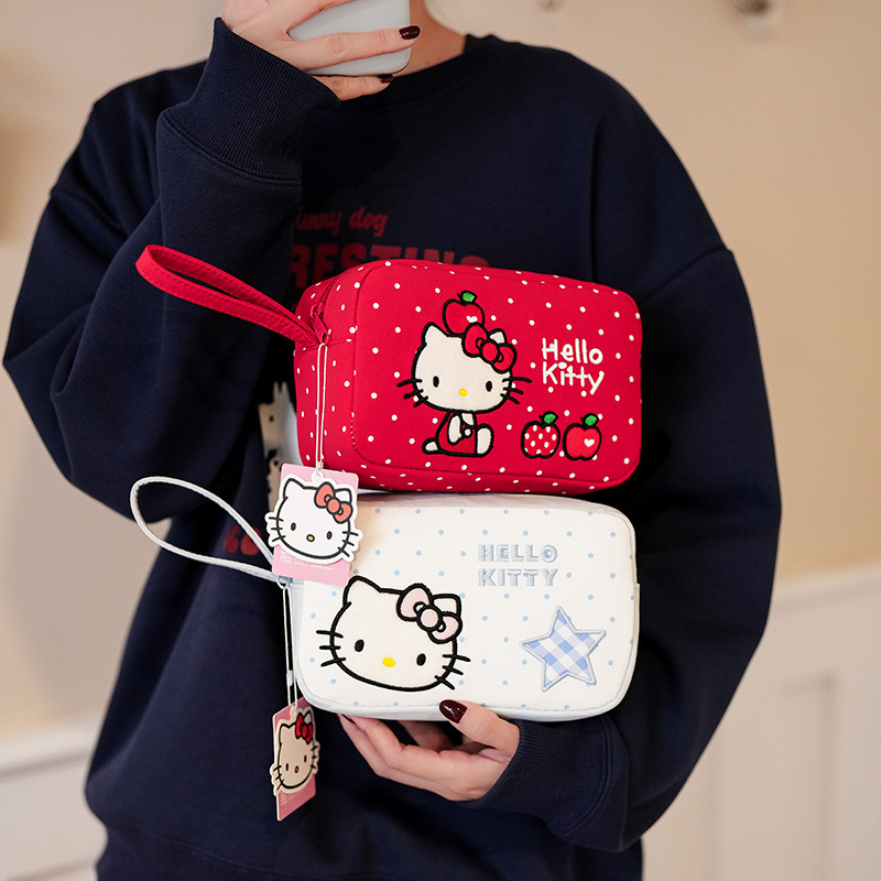 Hello Kitty Genuine Makeup Bag, High-Value, Large-Capacity, Fresh, Sweet, Cute Cartoon Hand-Held Storage Bag