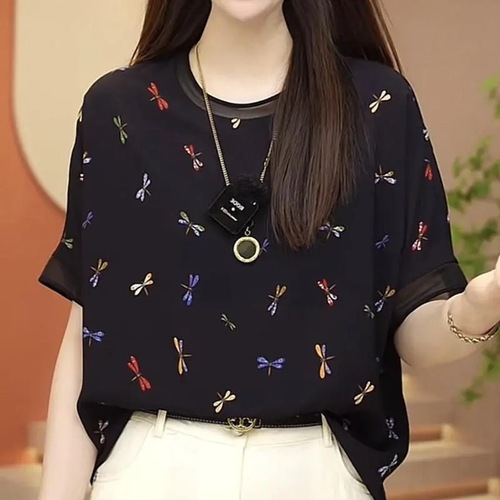 Silk Chiffon Short-Sleeve T-Shirt for Women - Summer Dress, Lightweight Luxury Style, Outerwear Blouse, Mother's Bodysuit, Mulberry Silk Top