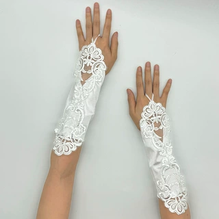 婚礼礼仪钩指刺绣手套白色遮手臂新娘手套礼仪服饰手套
