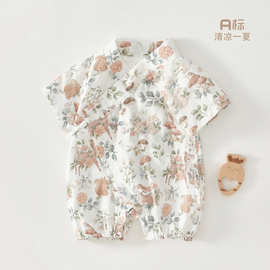 婴儿连体衣纱布竹纤维夏季短袖和尚服新生儿包屁衣宝宝哈衣外出服