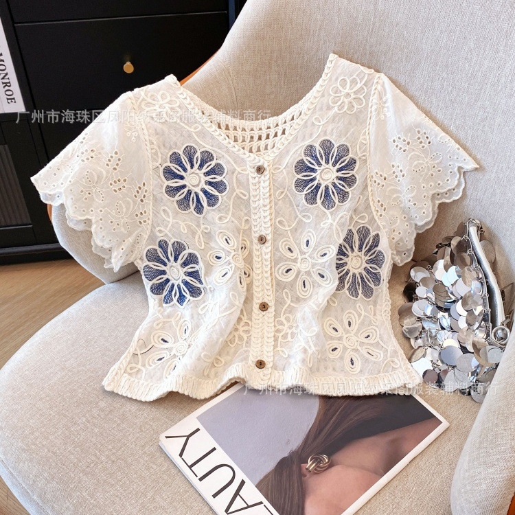 Guangzhou Thirteen Lines Popular Women's High-End Lace Hook Pattern Cut Out Short-Sleeved Shirt Summer Korean Loose Thin Top