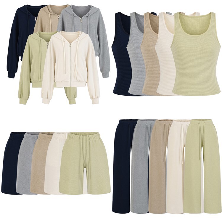Waffle Hooded Cardigan Sweatshirt Casual Sports Three-Piece Set Women's Jacket Vest Wide-Leg Shorts Set