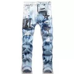 Am Export Style Punk Retro Ripped Slim Stretch Casual Versatile Printed Printed and Dyed Small-Foot Jeans 3091