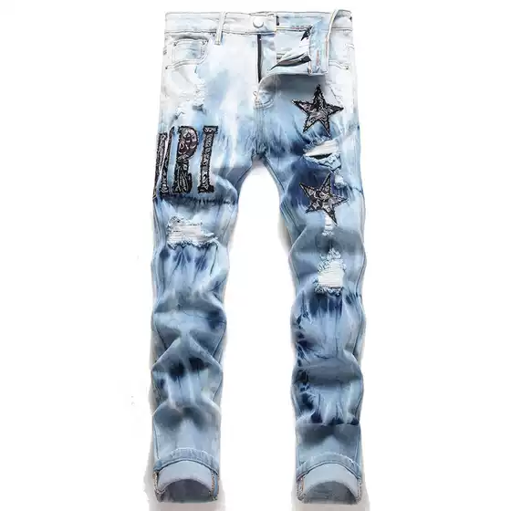 Am Export Style Punk Retro Ripped Slim Stretch Casual Versatile Printed Printed and Dyed Small-Foot Jeans 3091