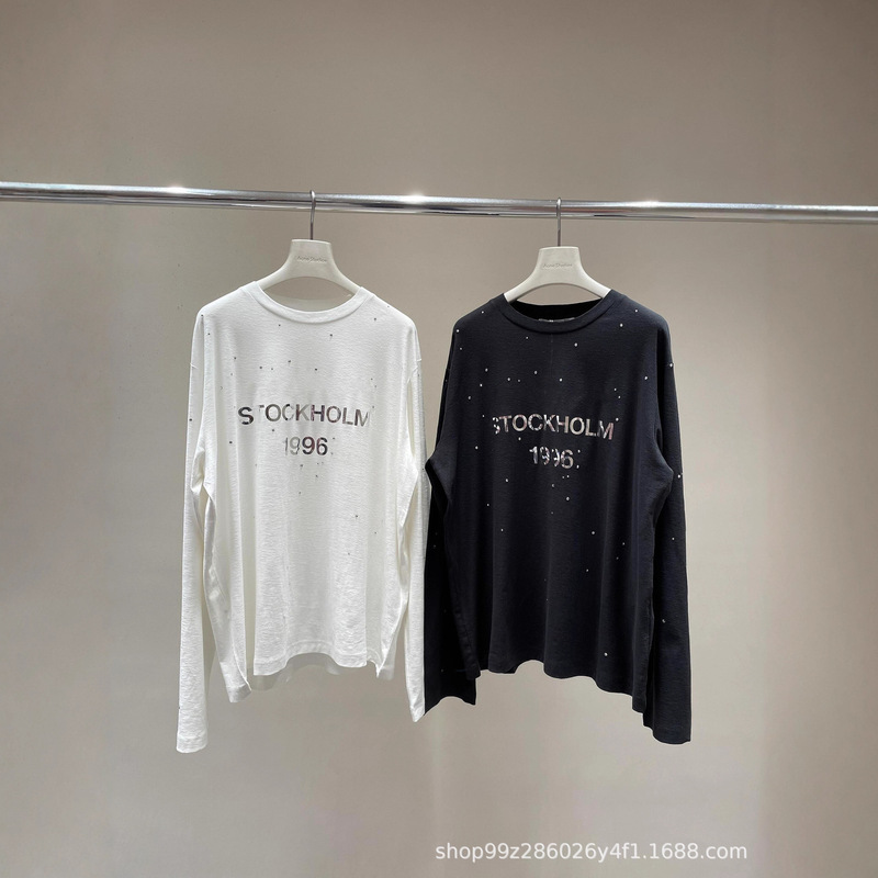 Shenzhen Nanyou 25 Autumn North America Limited New Silver Letter Reflective Hot Diamond Loose Long Sleeve T-Shirt Women's Top