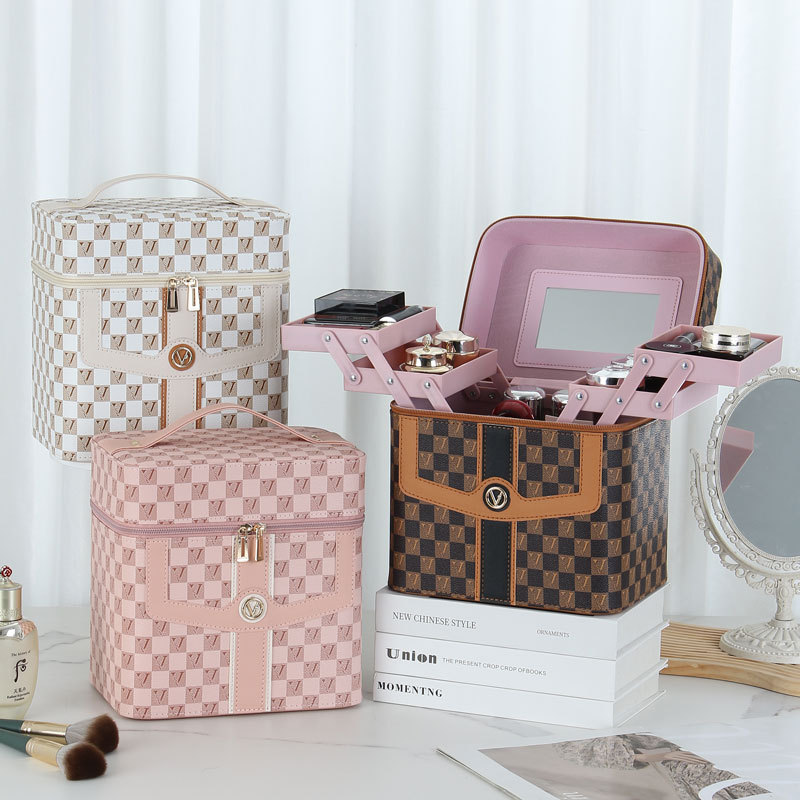 Caja de cosméticos a cuadros en forma de V transfronteriza, bolsa de almacenamiento para el cuidado de la piel portátil, caja de herramientas grande multifuncional portátil de alta gama para mujer