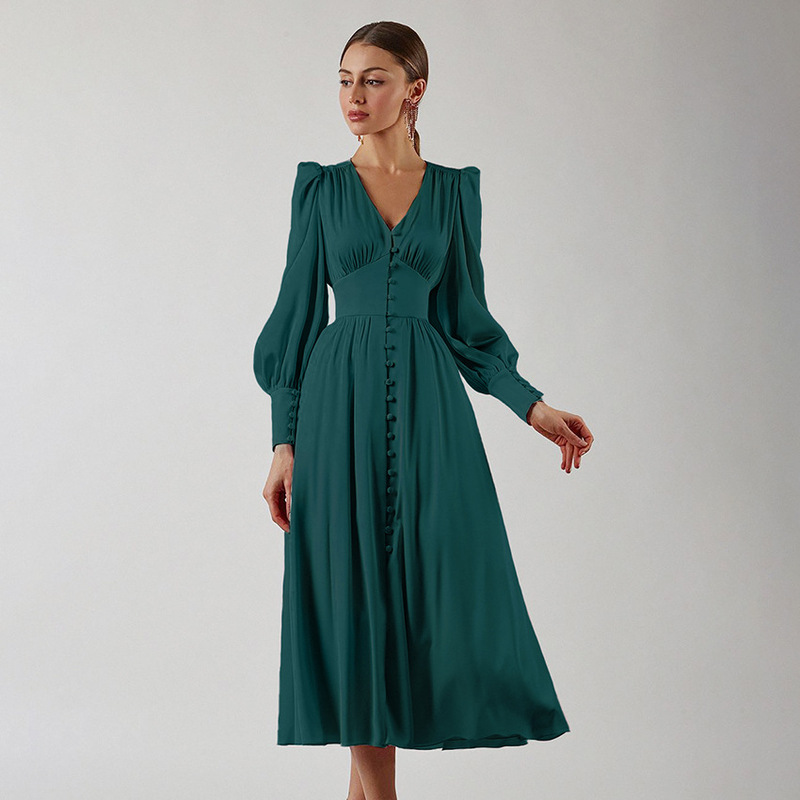 Elegant Satin French-Style Lantern Sleeve Dress for Women, Autumn 2026, Cross-Border Waist-Cinching Tea Break Dress, A-Line Long Dress Elegant Satin French-Style Lantern Sleeve Dress for Women, Autumn 2026, Cross-Border Waist-Cinching Tea Break Dress, A-Line Long Dress