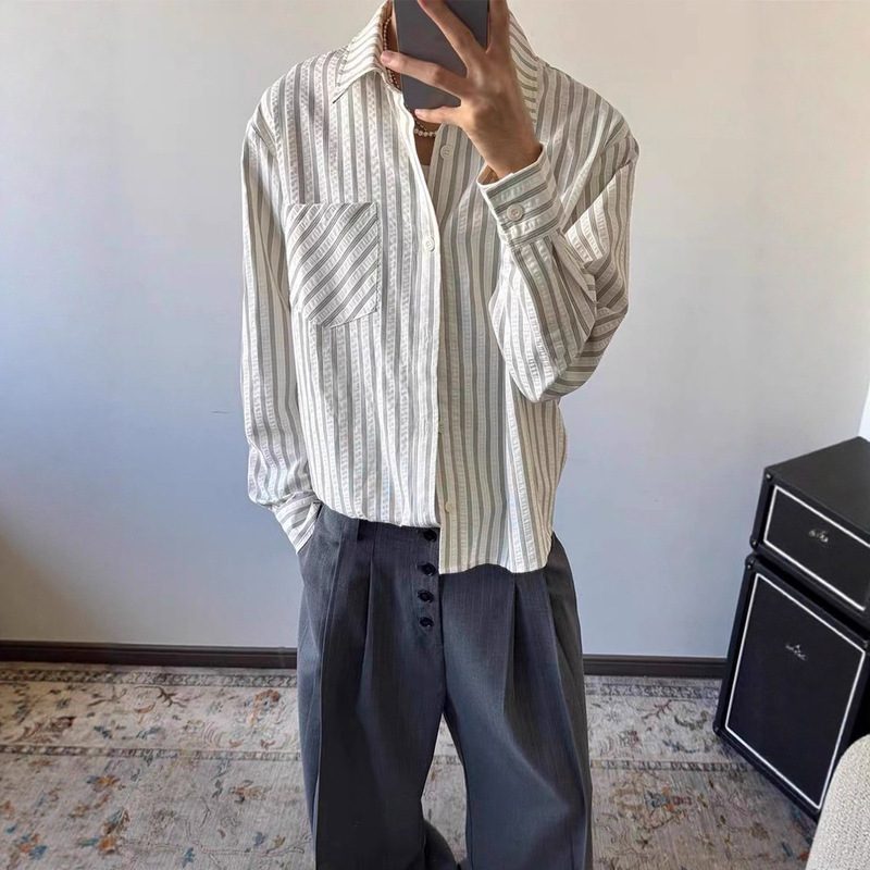 Spring and Autumn High-End Seersucker American Stripesd Shirt Men's Right Shoulder Long-Sleeved Shirt Cleanfit Sun Protection Jacket