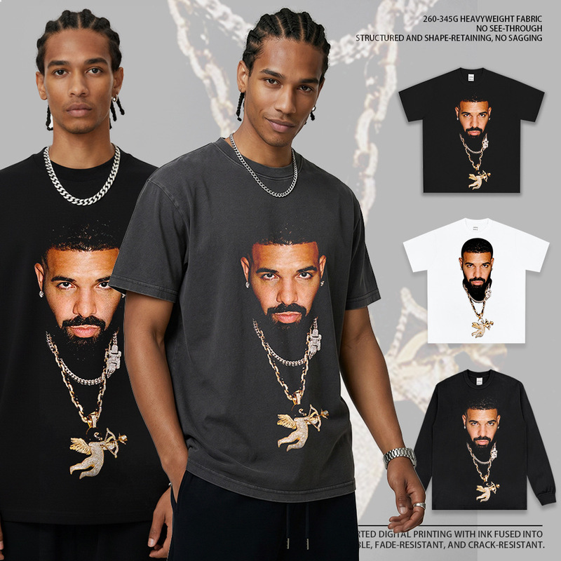American-style Retro Hip-hop Drake Big Head Printed High Street Short-sleeved T-shirt Washed Heavy Cotton Crewneck Hooded Sweatshirt